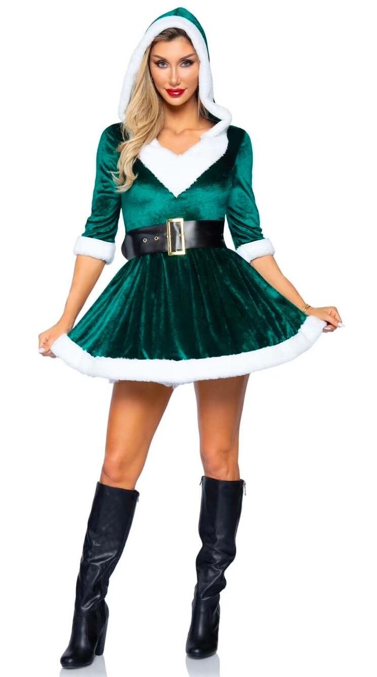 Leg Avenue Mrs Claus Christmas Costume Green Velvet Hooded Dress Belt XS Cosplay